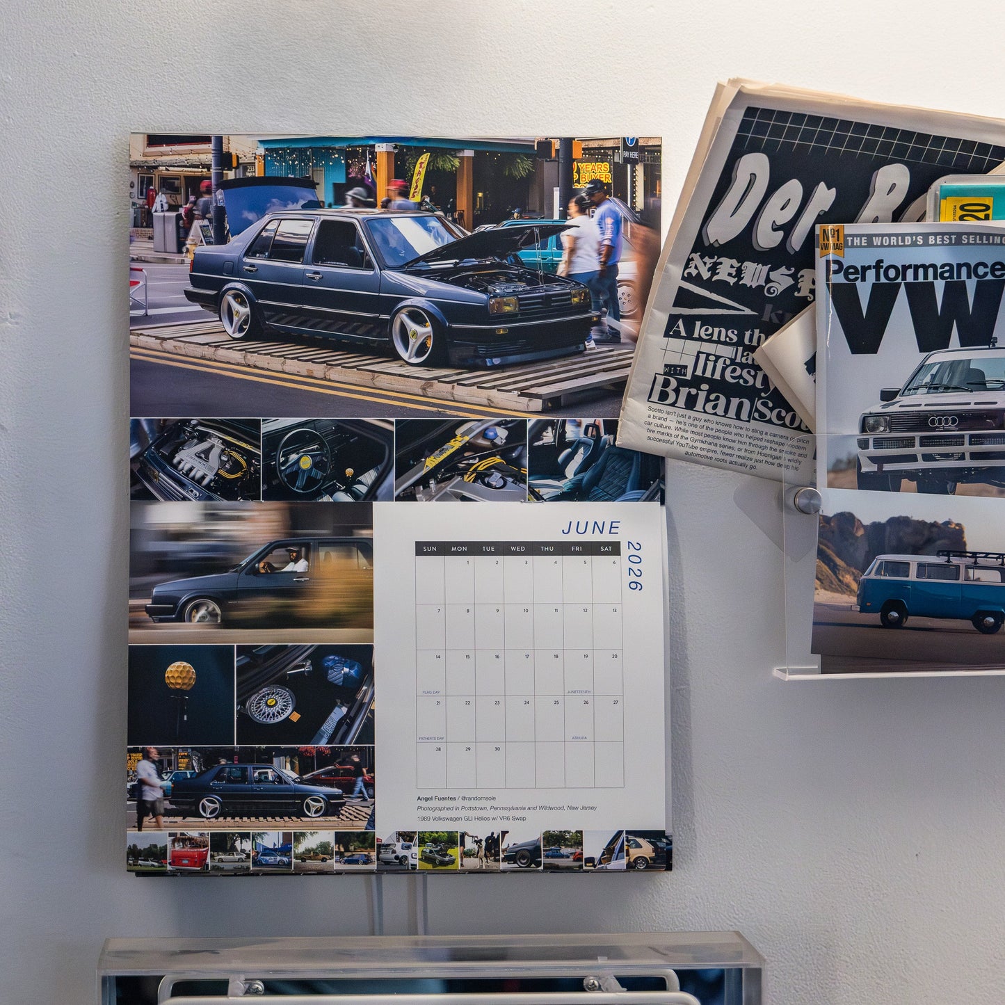 The June spread of More Than More's 2026 VW Wall Calendar, featuring Angel Fuentes' Mk2 Jetta GLI VR6 on Antera 3-spoke wheels, photographed at L'oe Show in Pottstown, PA.